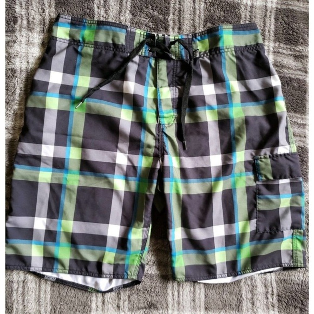 Free World‎ Board Shorts Mens Size 36 Green Blue Plaid Drawstring Pocket Swim
